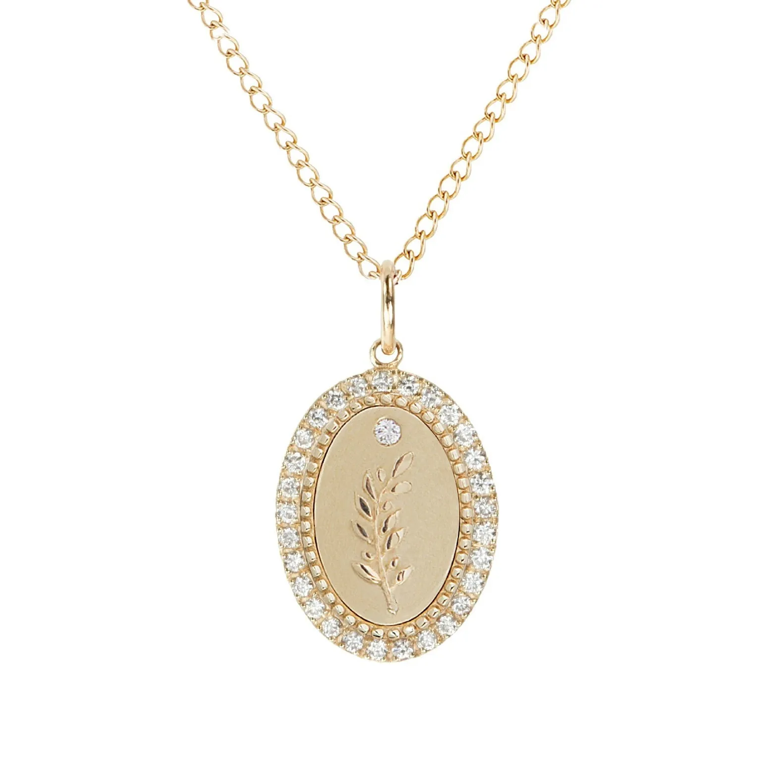 10K Gold Small Pave Diamond Olive Branch Pendant