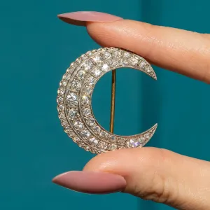 Antique 18ct Gold Diamond Crescent Moon Brooch Pendant 2.30ct