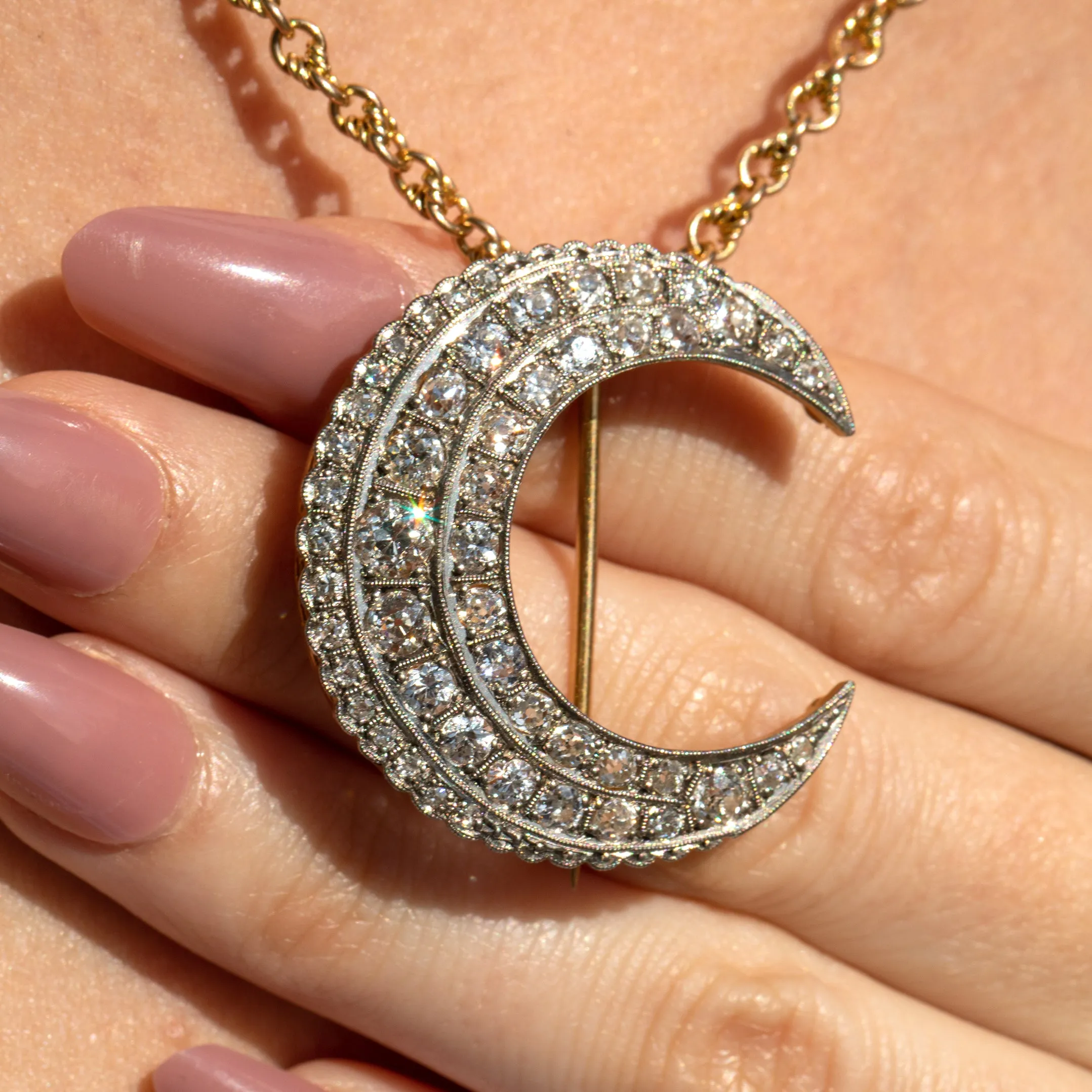 Antique 18ct Gold Diamond Crescent Moon Brooch Pendant 2.30ct