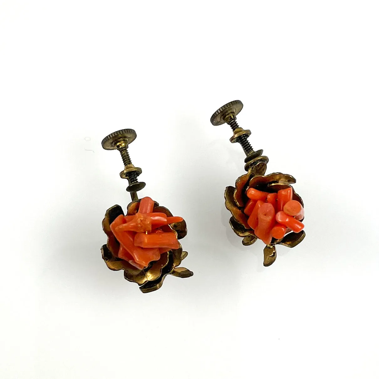 Antique Orange Coral Screw Back Earrings