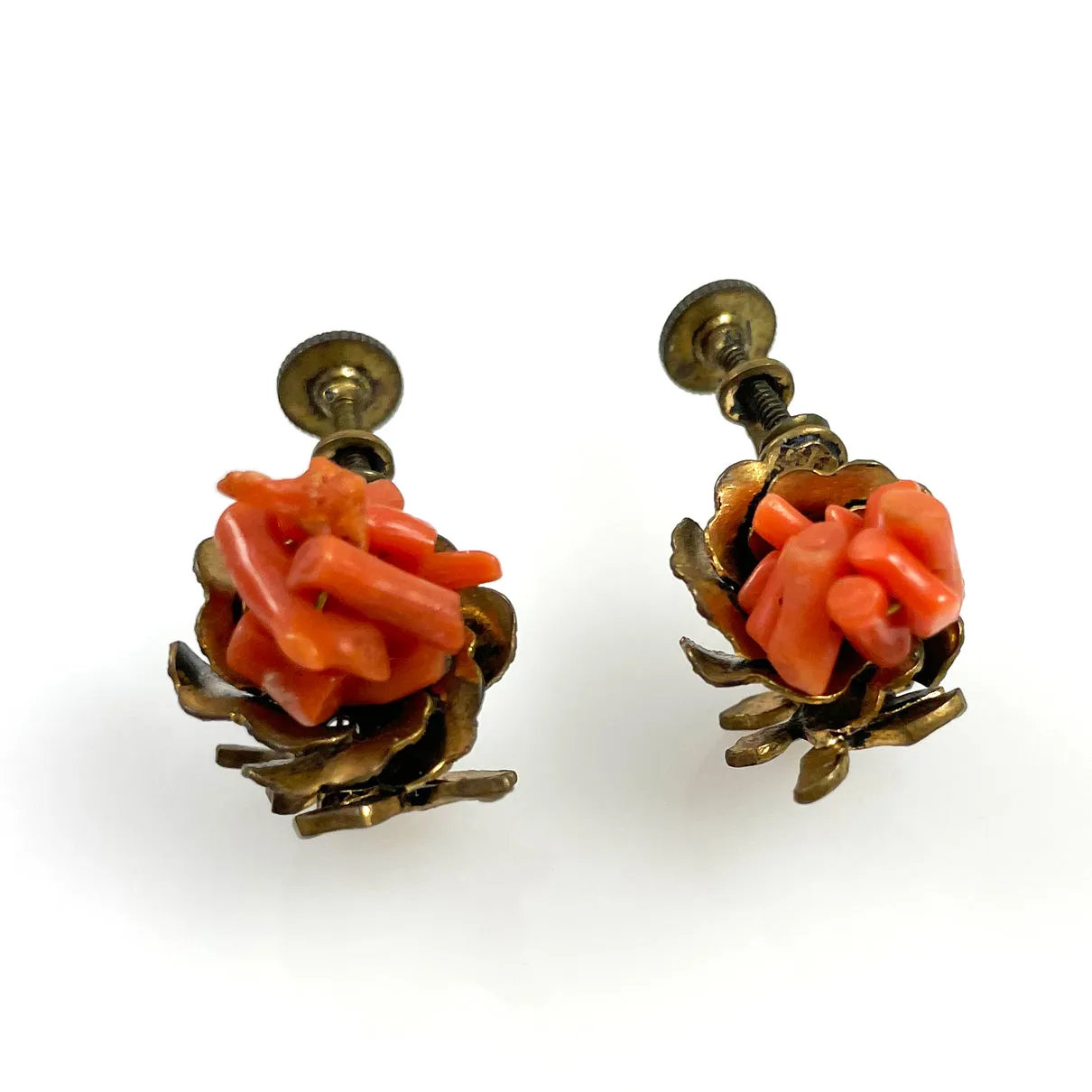 Antique Orange Coral Screw Back Earrings