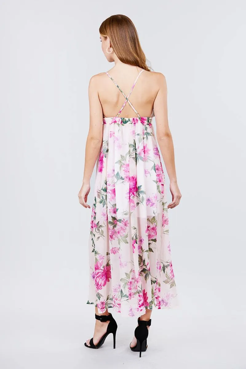 Deep V-neck W/cross Strap Print Maxi Dress