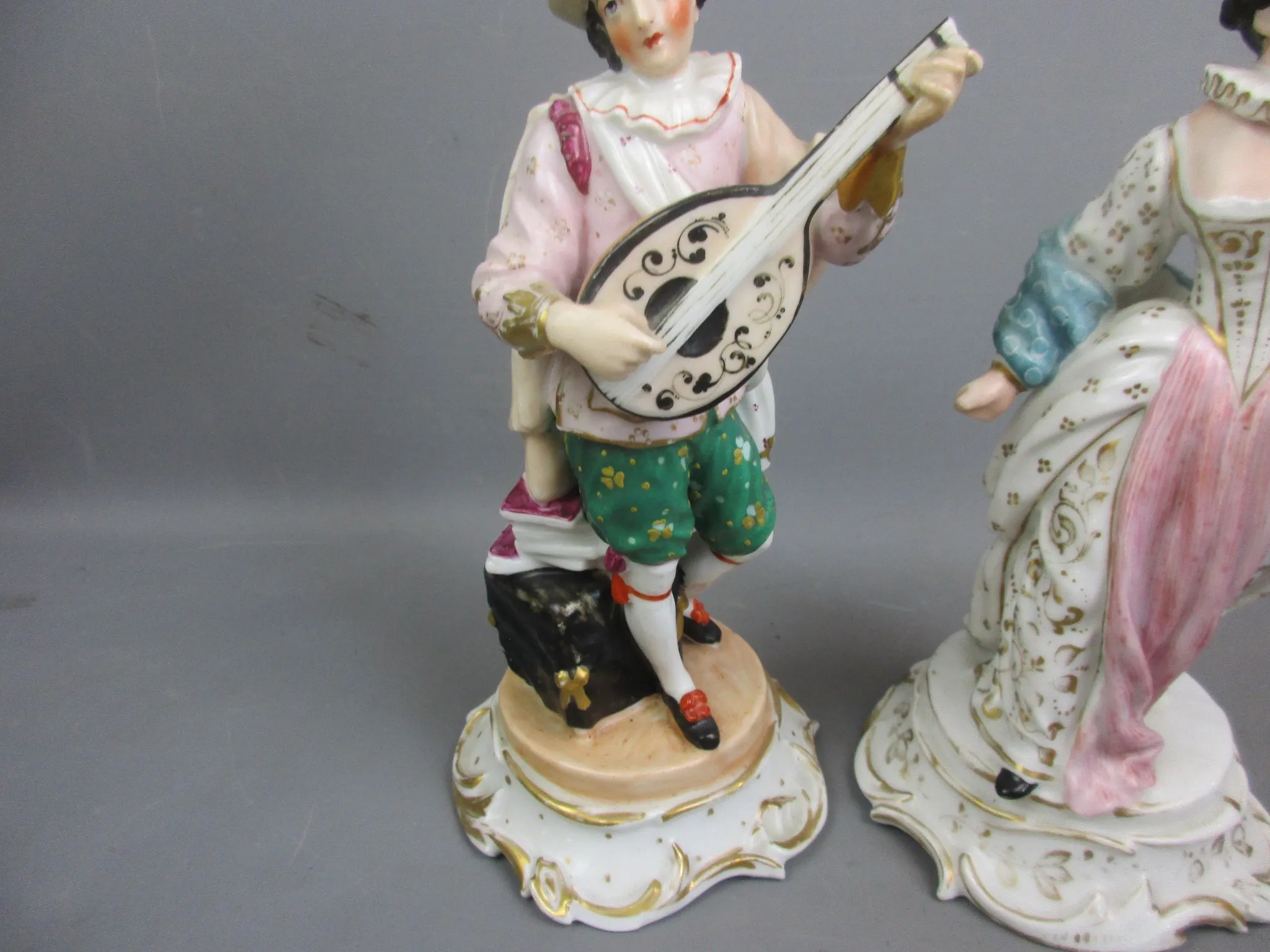 Pair Of Continental Hard Paste Porcelain Musical Figures Antique Victorian c1880