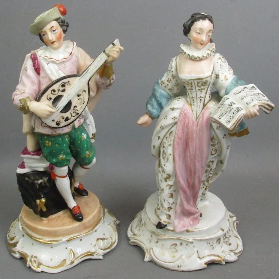 Pair Of Continental Hard Paste Porcelain Musical Figures Antique Victorian c1880